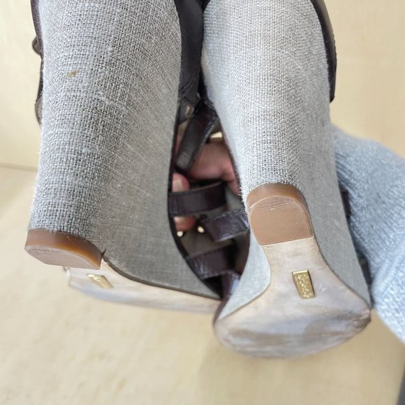 LOUISE ET CIE OPIO Sz 38/8 Brown Leather Tweed Wedges Multi-strap Sandals - Picture 10 of 12